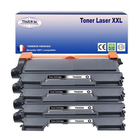 4 toners  compatibles avec  brother tn2220  tn2010 pour brother dcp7055  dcp7055w  dcp7057  dcp7060d  dcp7065dn  dcp7070dw - 2600 pages - t3azur