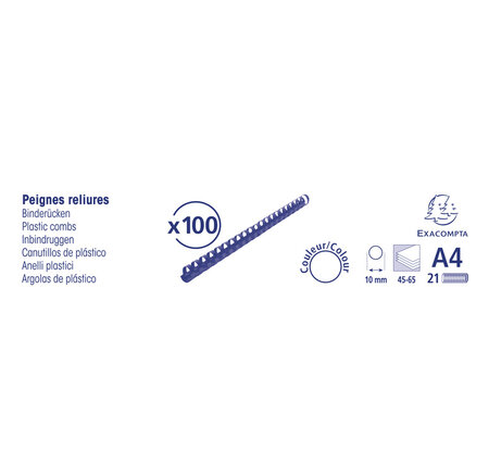 Boite 100 Reliures Spirales Plastique 10mm - Exacompta