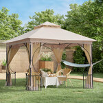 Pavillon de jardin tonnelle barnum style colonial double toit toiles moustiquaires amovibles zippées dim. 2 95L x 2 95l x 2 75H m beige noir