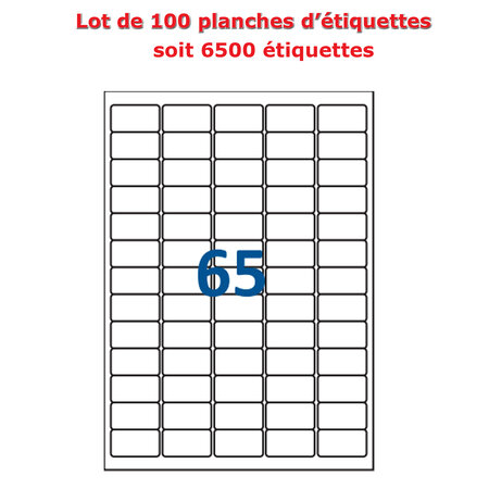 Lot de 100 planches étiquettes autocollantes sur feuille a4 : 38,1 x 21,2 mm (65 étiquettes par feuille)
