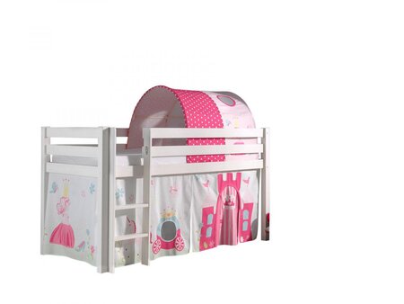 PINO Lit sureleve en pin massif 90x200cm avec sommier Blanc + rideau + tunnel de lit princess