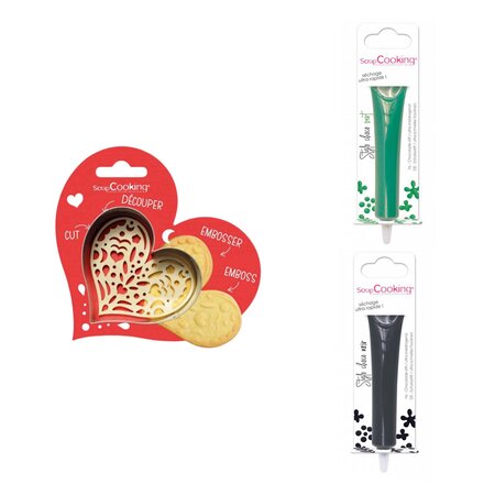 Kit pour biscuit en relief Coeur + 2 Stylos au chocolat vert et noir