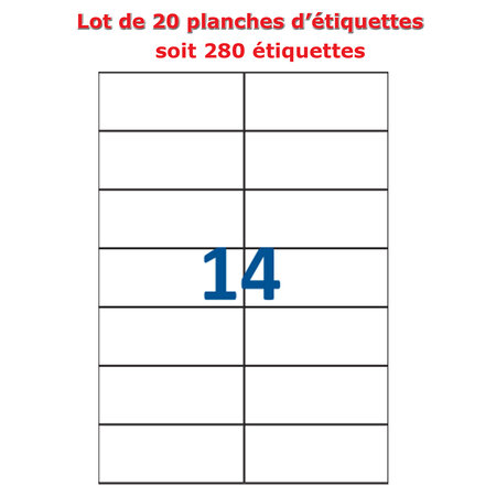 Lot de 20 planches étiquettes autocollantes sur feuille a4 : 105 x 42,3 mm (14 étiquettes par feuille)