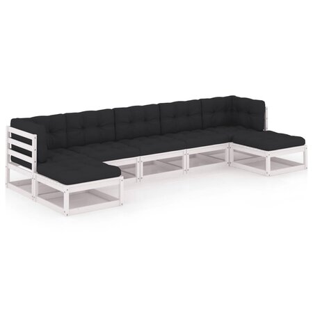 vidaXL Salon de jardin 7 Pièces avec coussins Blanc Bois de pin massif