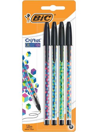 Blister de 4 Stylos Bille Cristal Collection Pte Moyenne Noir BIC
