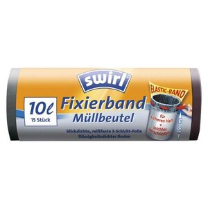 Rouleaux 15 Sacs poubelle 10 Litres avec bande de fixation élastqiue Noir SWIRL