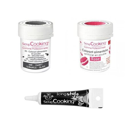 2 colorants alimentaires rose-noir + Stylo glaçage noir