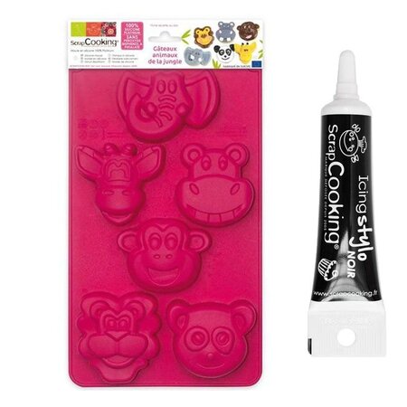 Moule à gâteaux animaux de la jungle + Stylo de glaçage noir