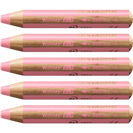 Crayon multi-talents woody 3en1  rond  rose pastel x 5 stabilo