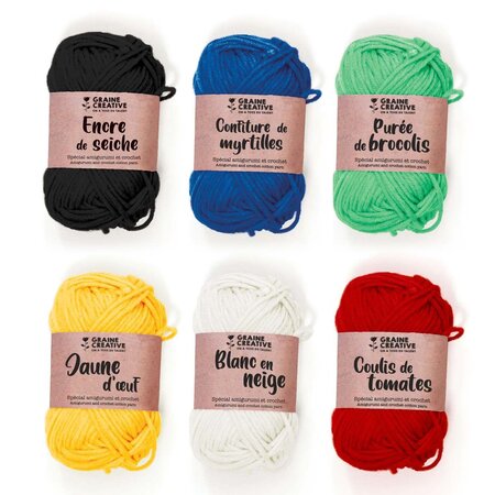 6 fils de coton spécial crochet 55 m - blanc-rouge-jaune-vert-bleu-noir