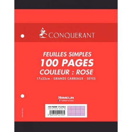 Sachet 50 feuilles perforées seyès 80 g rose format 17 x 22 cm CONQUERANT
