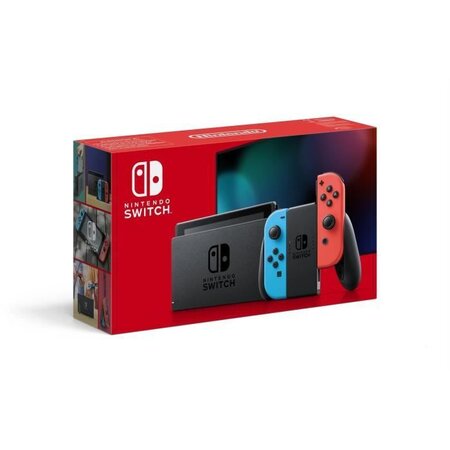 Console nintendo switch avec un joy-con bleu néon et un joy-con rouge néon