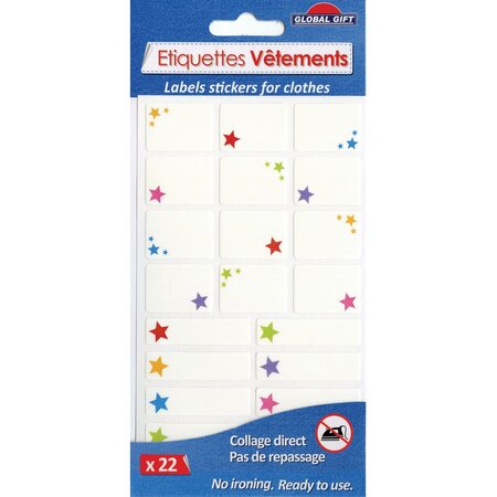 22 Etiquettes textiles - Etoiles colorées - Non thermocollantes - 2 formats