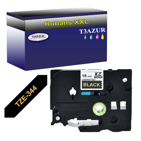 Ruban d'étiquettes laminées générique Brother Tze-344 pour étiqueteuses P-touch - Texte doré sur fond noir - Largeur 18 mm x 8 mètres - T3AZUR