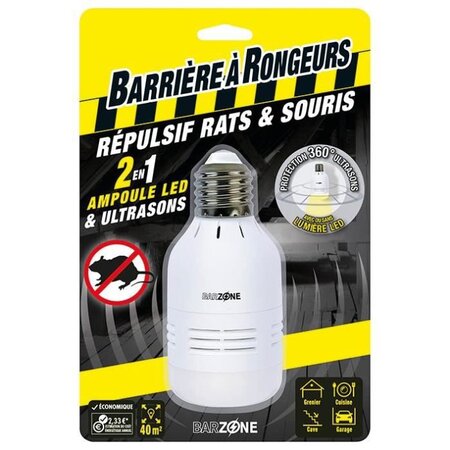 BARRIERE A RONGEURS Répulsif rats et souris ampoule LED & Ultrasons 2 en 1 - Blister de 1 ampoule
