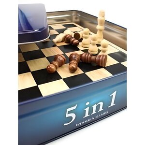 Coffret métal 5 jeux en 1 - jeux de société classiques - échecs dames backgammon dominos et tic-tac-toe - tactic