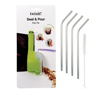 Pince à sachet avec bec verseur + 4 pailles en inox