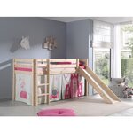 PINO Lit Compact avec Toboggan Pin Massif Nature + Rideau de lit Princes
