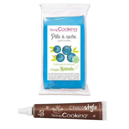 Pâte à sucre bleu 250 g arôme myrtille + stylo chocolat
