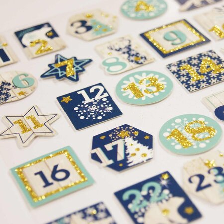 25 stickers pour calendrier de l'Avent effet bois - Paillettes dorées