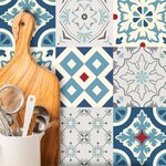 6 stickers à carreaux de ciment blanc - gris et bleu 15 x 15 cm
