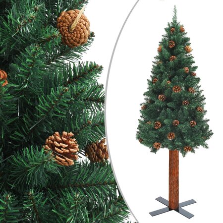 vidaXL Sapin de Noël mince avec bois véritable et cônes vert 210cm PVC