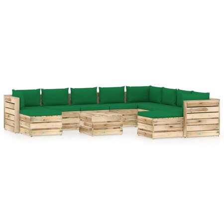 vidaXL Salon de jardin 11 Pièces avec coussins Bois imprégné de vert