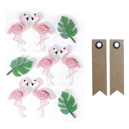 9 stickers 3D Flamants rose 5 5 cm + 20 étiquettes kraft Fanion