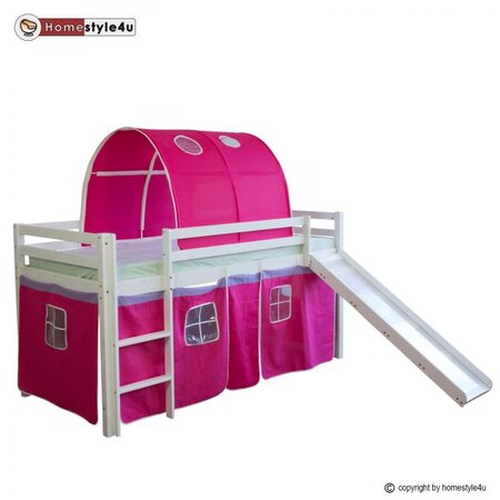 Lit Simple Blanc 90x200 en hauteur avec echelle Rideau et Tunnel Rouge et Toboggan