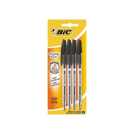Blister de 4 Stylos-bille Cristal Clic Noir BIC