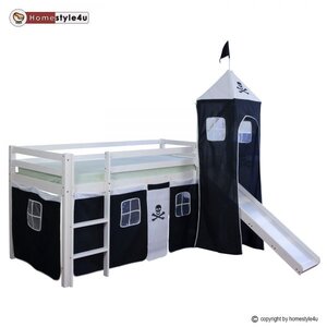 Lit Simple Blanc 90x200 en hauteur avec echelle rideau et tour Pirate et toboggan