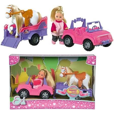 EVI LOVE Poupée 12cm avec Poney + Jeep Avec Remorque
