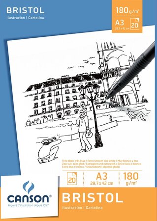 Bloc 20 feuilles Bristol Dessin 180g A3 Blanc CANSON