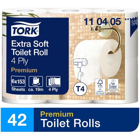 Papier toilette en rouleaux standard Premium Extra Soft T4, quadruple épaisseur, gaufré, 153 feuilles, blanc (Carton de 42 rouleaux)