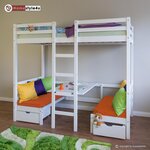 Lit enfant mezzanine superposé blanc 90x200 pin massif bureau avec coussins oranges
