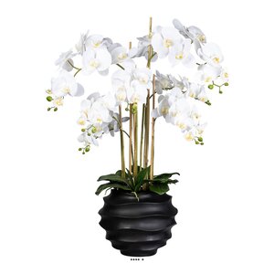 Orchidée factice 7hampes vase résine noir h105cmd75cm touché réelcrème - couleur: crème