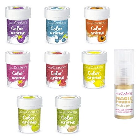 Kit 8 Colorants alimentaires aux Arômes de fruits + 1 poudre irisée dorée