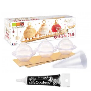 Moule à bûche Boules de Noël + Stylo de glaçage noir