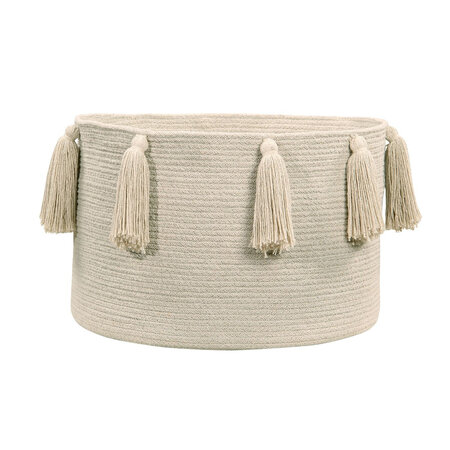 Panier de rangement en coton tressé beige avec pompons 30 x 45 x 45 cm