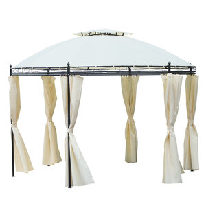 Tonnelle pavillon de jardin rond dim. Ø 3 5L x 2 75H m double toit 6 rideaux latéraux polyester crème métal époxy noir