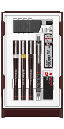 rOtring Set College: Porte-mine 0.5 + 3 Isograph 0.25/0.35/0.5mm + gomme + étui 12 mines HB + flacon encre 23 ml + attache compas