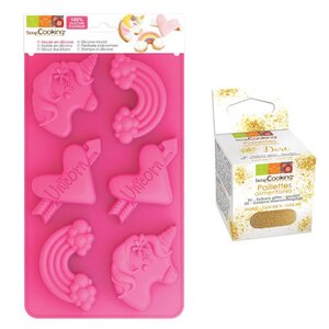 Moule en silicone Licornes + paillettes dorées