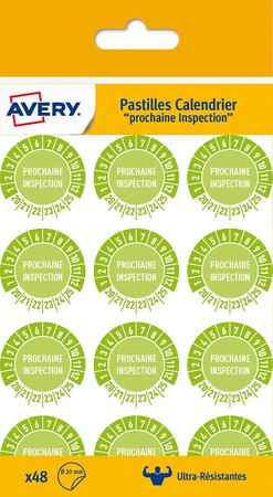 48 pastilles "prochaine inspection" + 12 mois + années 20 à 25, polyéthylène