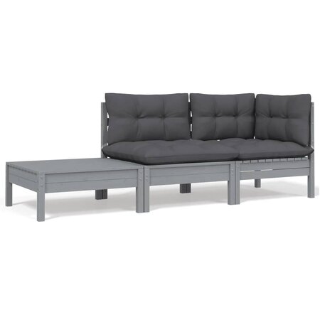 vidaXL Salon de jardin 3 Pièces avec coussins Gris Bois de pin massif