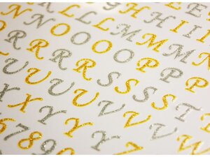 117 Autocollants - Alphabet et chiffres - argenté et doré - paillettes