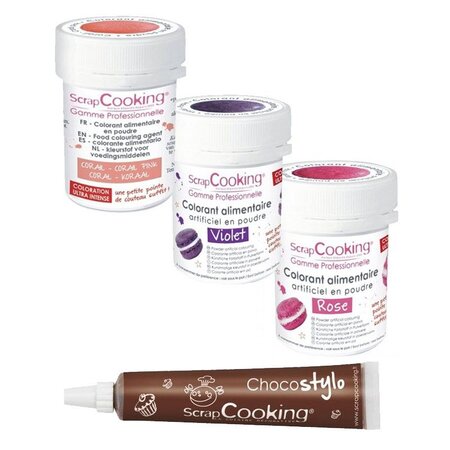 Kit de colorants alimentaires Rose-violet-corail + 1 Stylo chocolat