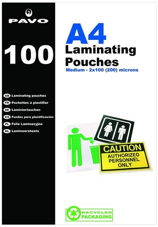 Boîte de 100 Pochettes de plastification à chaud brillante 2 x 100 microns A4 Transparent PAVO