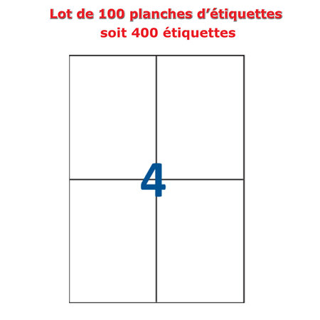 Lot de 100 planches étiquettes autocollantes sur feuille a4 : 105 x 148,5 mm (4 étiquettes par feuille)