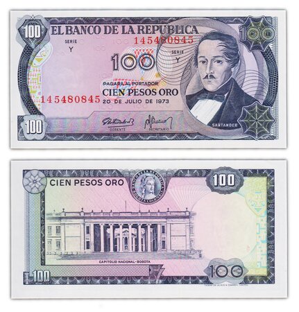 Billet de collection 100 pesos oro 1973 colombie - neuf - p415a