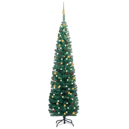 vidaXL Sapin de Noël artificiel mince pré-éclairé et boules vert 210cm